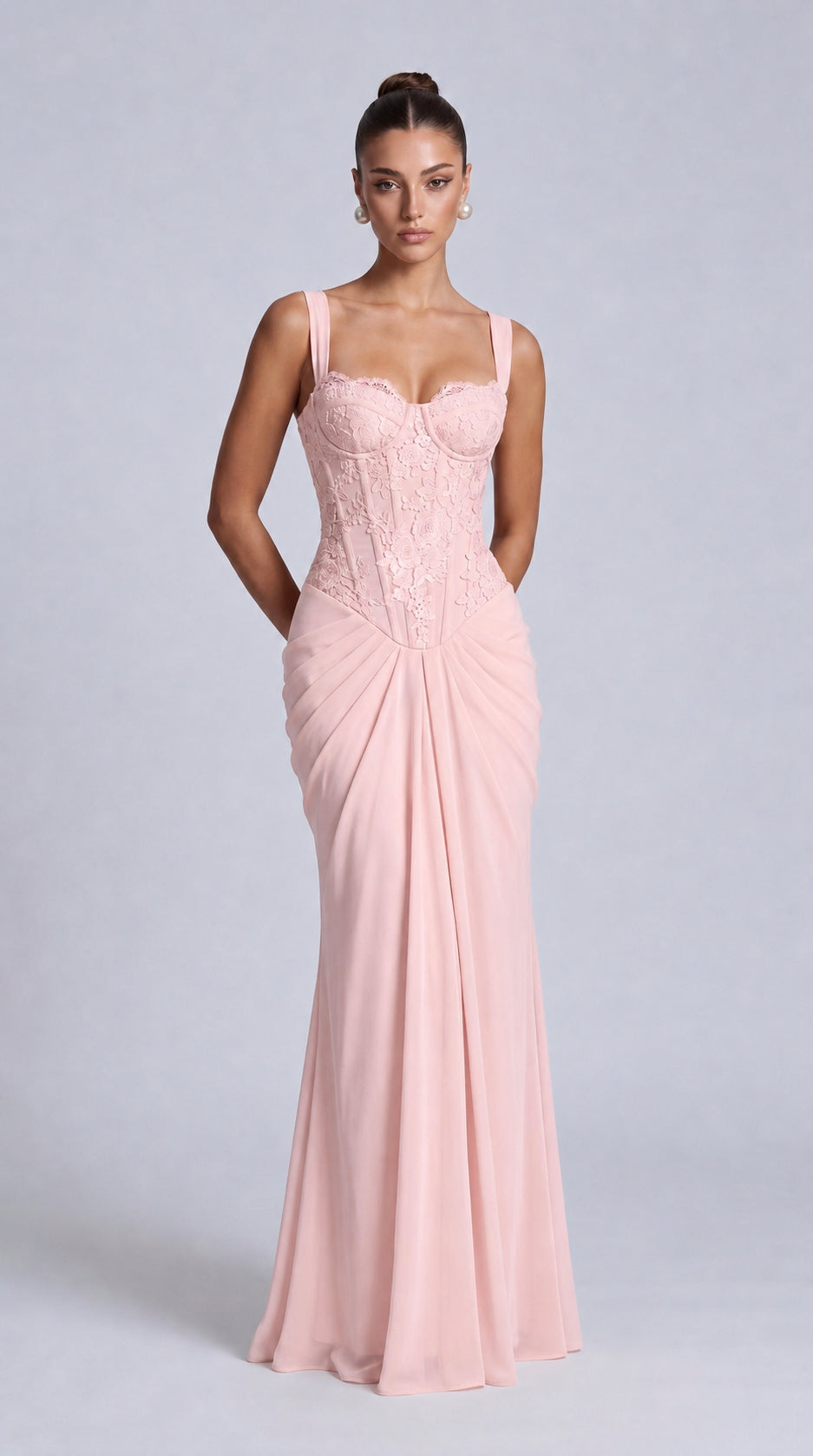 Floral Lace Corset Lace-Up Back Ruched Mermaid Maxi Dress – Prom & Wedding Guest Gown - Light Pink - View 1