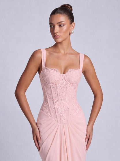 Floral Lace Corset Lace-Up Back Ruched Mermaid Maxi Dress – Prom & Wedding Guest Gown - Light Pink - View 2
