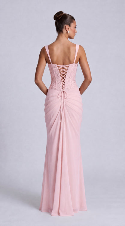 Floral Lace Corset Lace-Up Back Ruched Mermaid Maxi Dress – Prom & Wedding Guest Gown - Light Pink - View 3