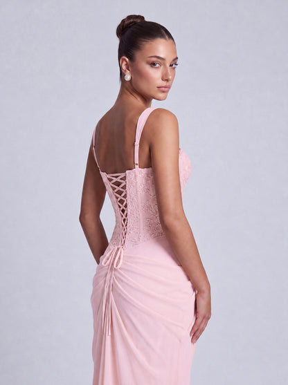 Floral Lace Corset Lace-Up Back Ruched Mermaid Maxi Dress – Prom & Wedding Guest Gown - Light Pink - View 4