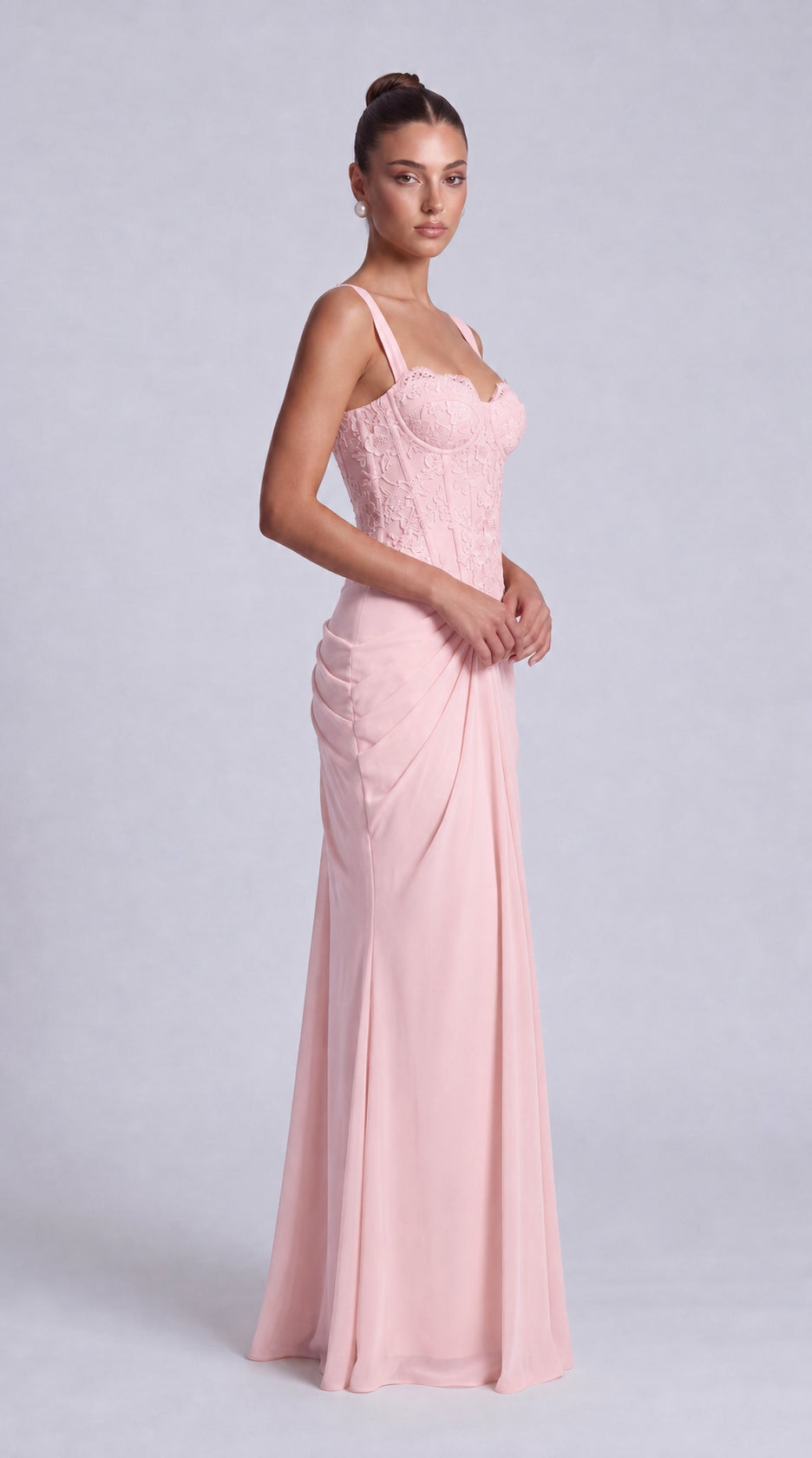 Floral Lace Corset Lace-Up Back Ruched Mermaid Maxi Dress – Prom & Wedding Guest Gown - Light Pink - View 5