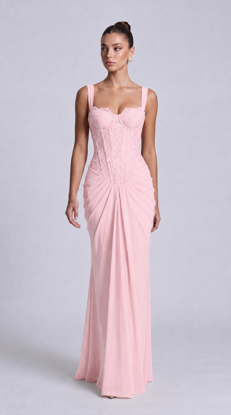 Floral Lace Corset Lace-Up Back Ruched Mermaid Maxi Dress – Prom & Wedding Guest Gown - Light Pink - View 6