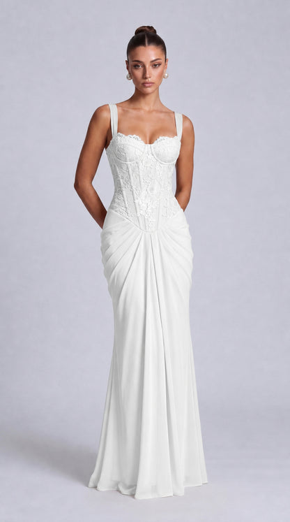 Floral Lace Corset Lace-Up Back Ruched Mermaid Maxi Dress – Prom & Wedding Guest Gown - White - View 1