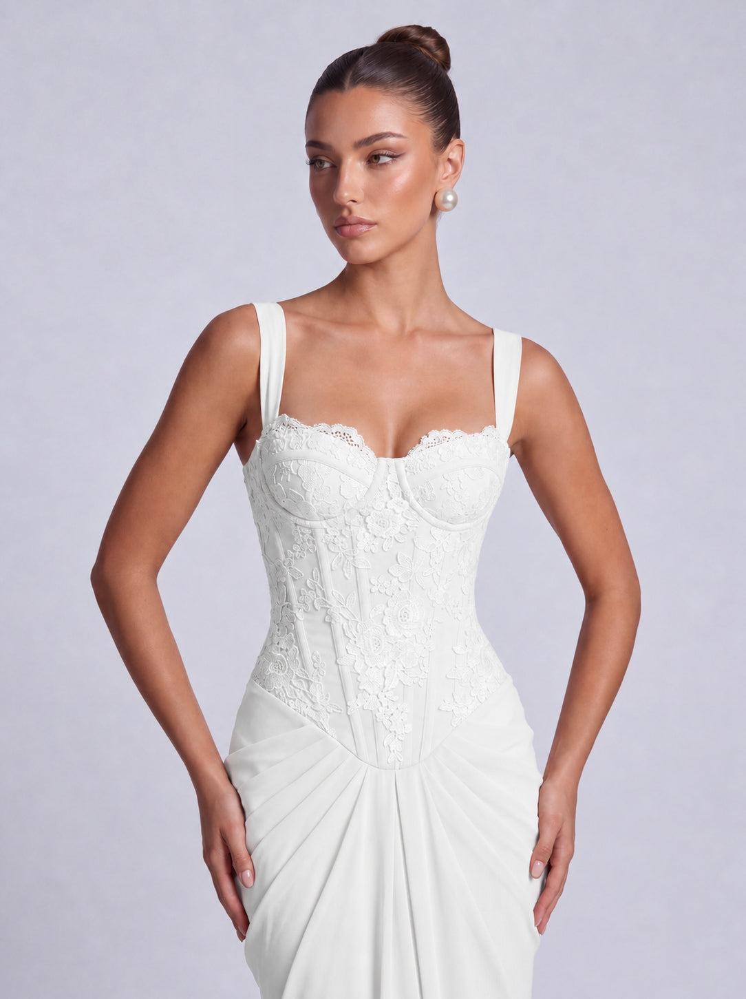 Floral Lace Corset Lace-Up Back Ruched Mermaid Maxi Dress – Prom & Wedding Guest Gown - White - View 2
