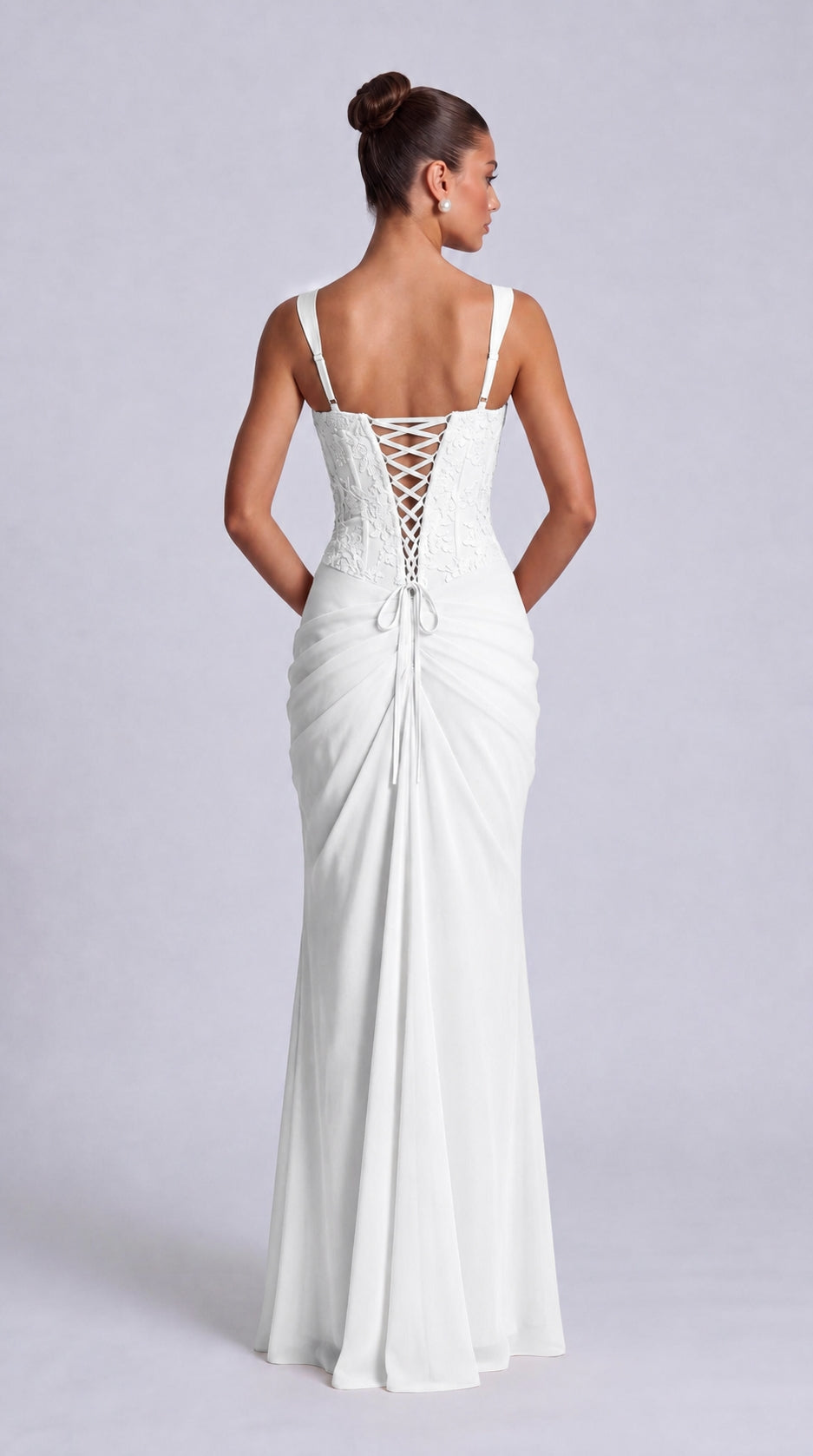 Floral Lace Corset Lace-Up Back Ruched Mermaid Maxi Dress – Prom & Wedding Guest Gown - White - View 3