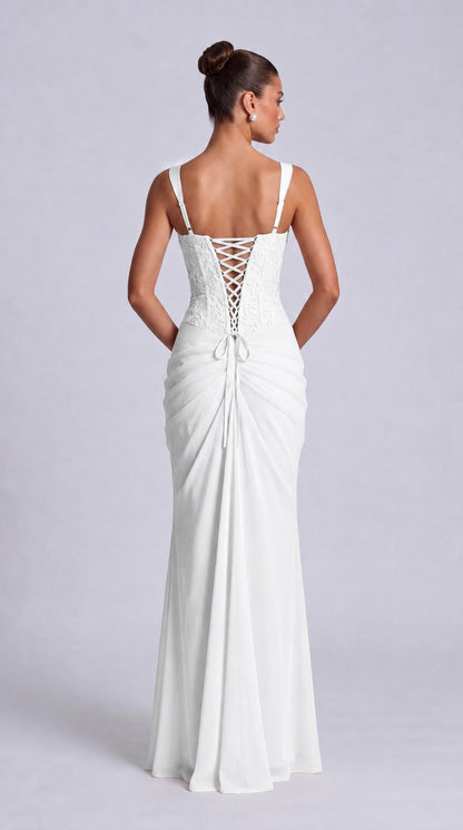 Floral Lace Corset Lace-Up Back Ruched Mermaid Maxi Dress – Prom & Wedding Guest Gown - White - View 3