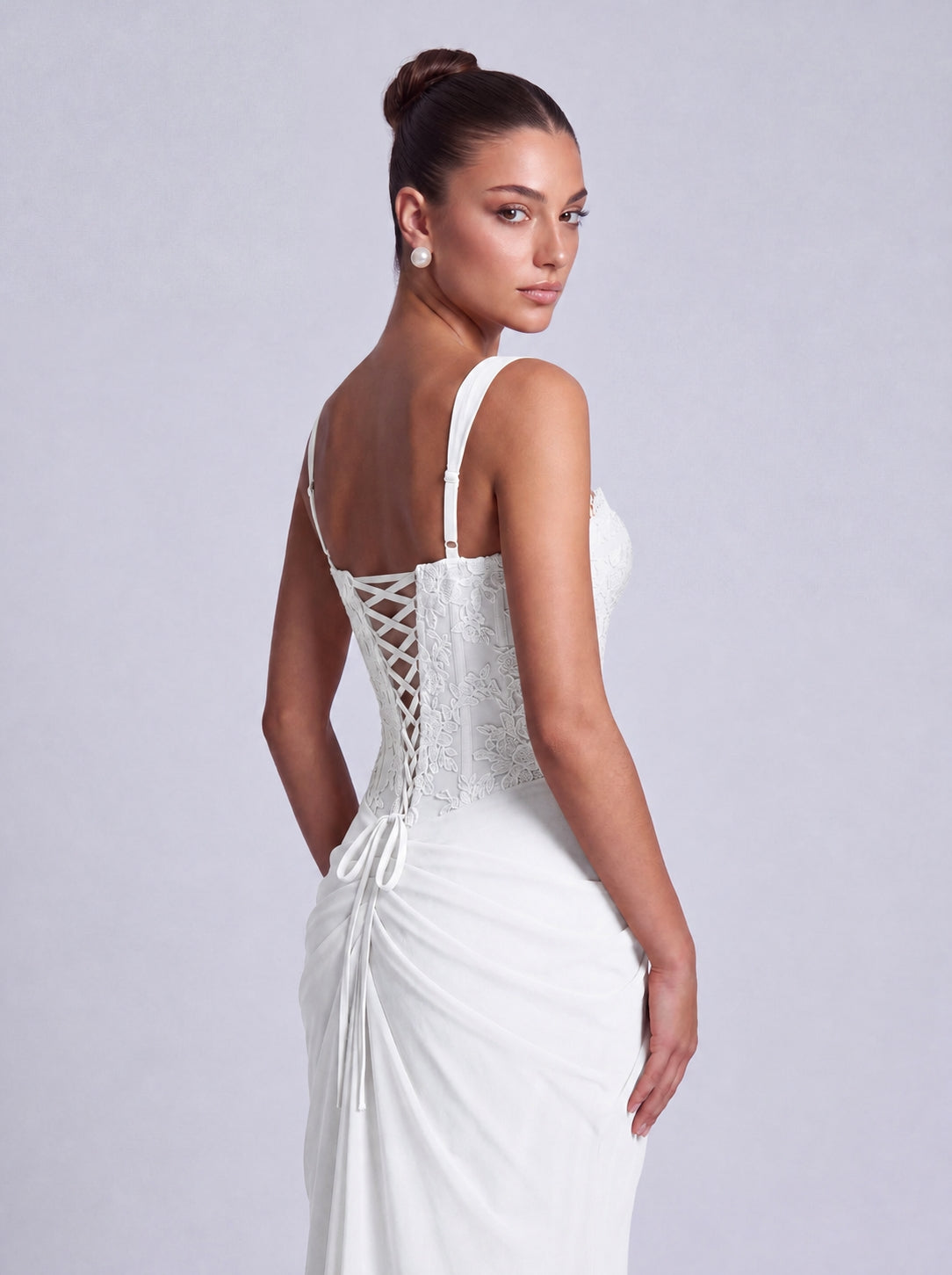 Floral Lace Corset Lace-Up Back Ruched Mermaid Maxi Dress – Prom & Wedding Guest Gown - White - View 4