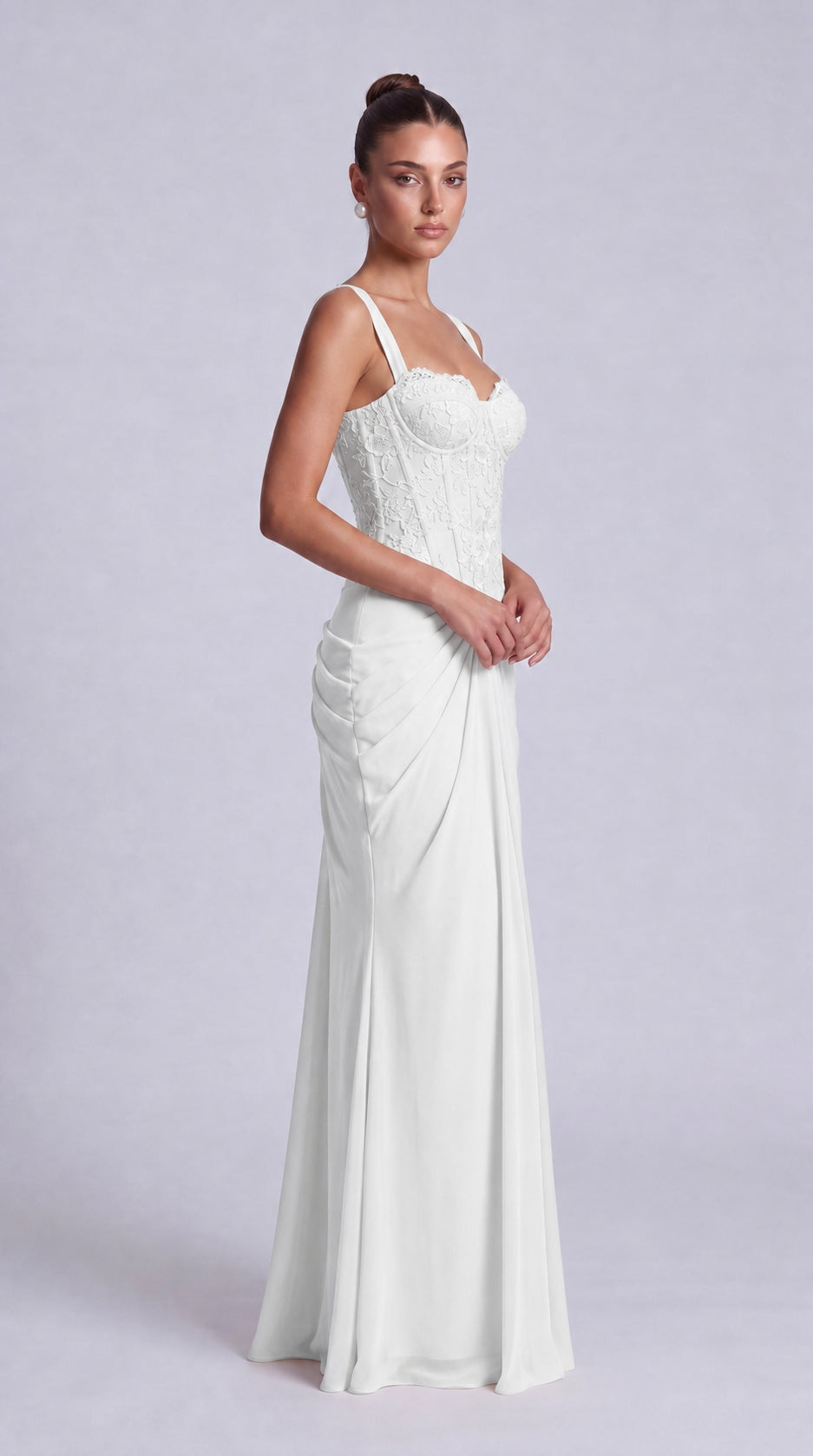 Floral Lace Corset Lace-Up Back Ruched Mermaid Maxi Dress – Prom & Wedding Guest Gown - White - View 5