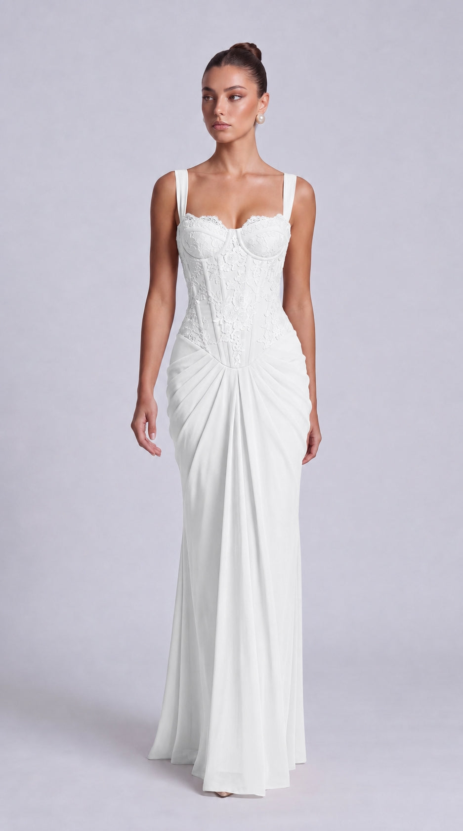 Floral Lace Corset Lace-Up Back Ruched Mermaid Maxi Dress – Prom & Wedding Guest Gown - White - View 6