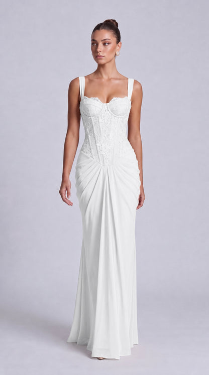 Floral Lace Corset Lace-Up Back Ruched Mermaid Maxi Dress – Prom & Wedding Guest Gown - White - View 6