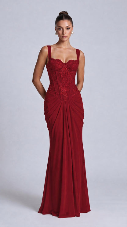 Floral Lace Corset Lace-Up Back Ruched Mermaid Maxi Dress – Prom & Wedding Guest Gown - Wine Red - View 1