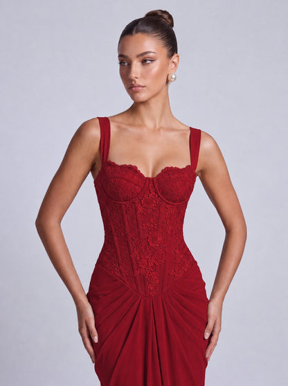 Floral Lace Corset Lace-Up Back Ruched Mermaid Maxi Dress – Prom & Wedding Guest Gown - Wine Red - View 2