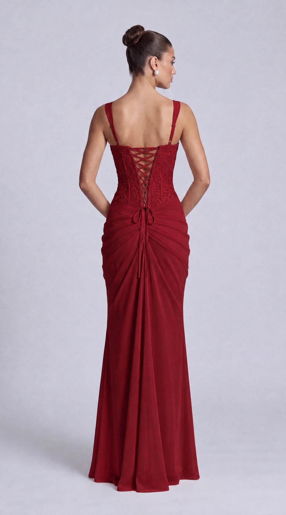 Floral Lace Corset Lace-Up Back Ruched Mermaid Maxi Dress – Prom & Wedding Guest Gown - Wine Red - View 3