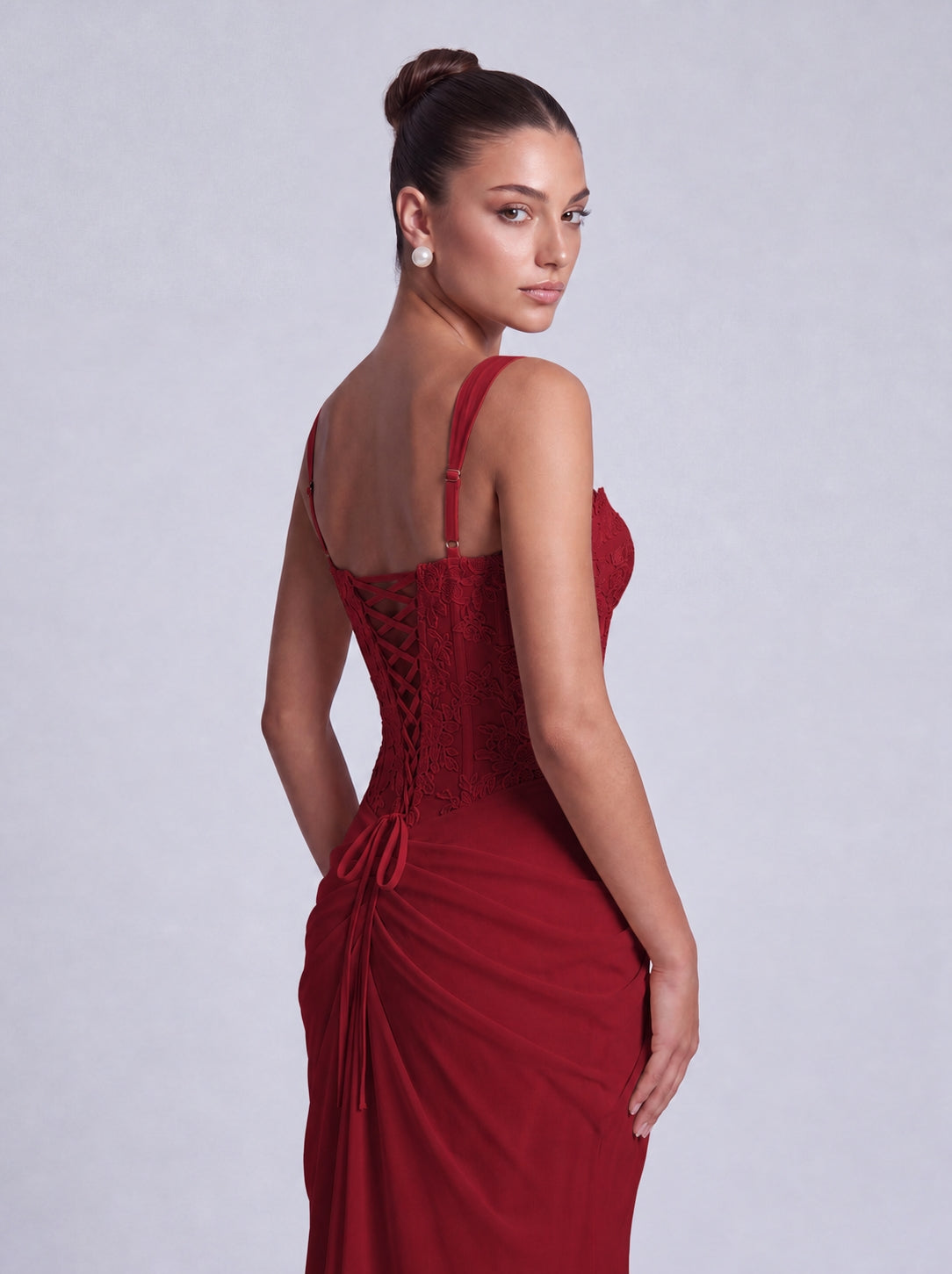 Floral Lace Corset Lace-Up Back Ruched Mermaid Maxi Dress – Prom & Wedding Guest Gown - Wine Red - View 4