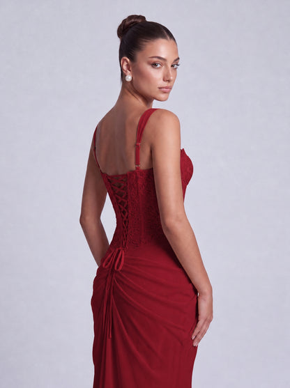 Floral Lace Corset Lace-Up Back Ruched Mermaid Maxi Dress – Prom & Wedding Guest Gown - Wine Red - View 4