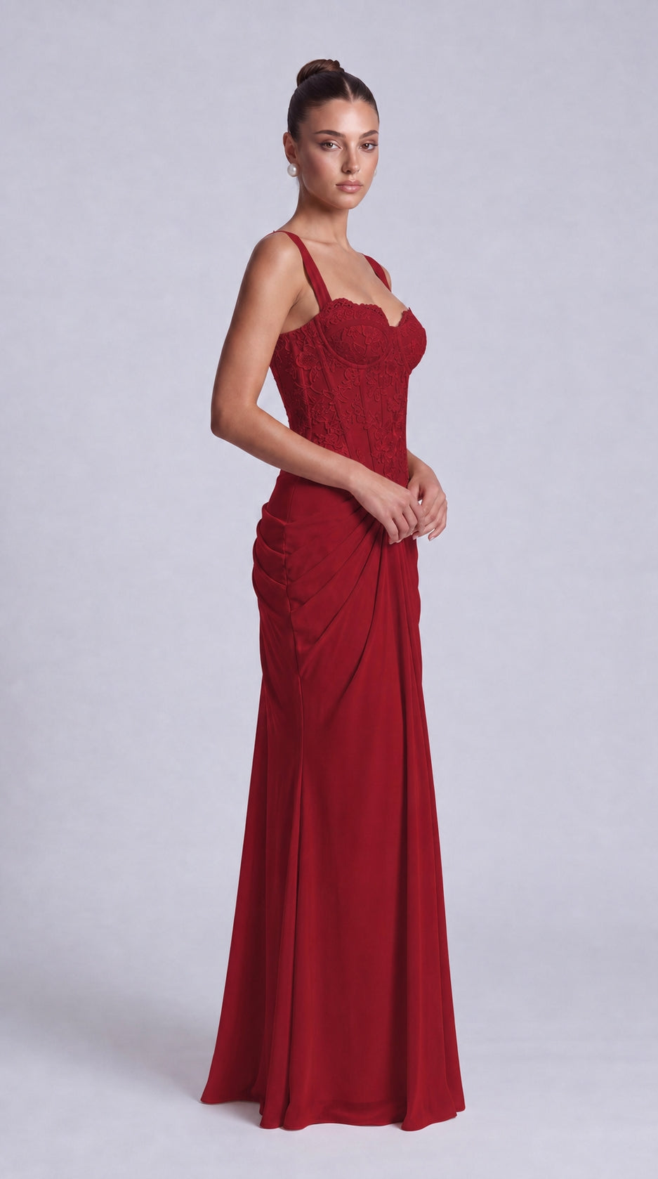 Floral Lace Corset Lace-Up Back Ruched Mermaid Maxi Dress – Prom & Wedding Guest Gown - Wine Red - View 5