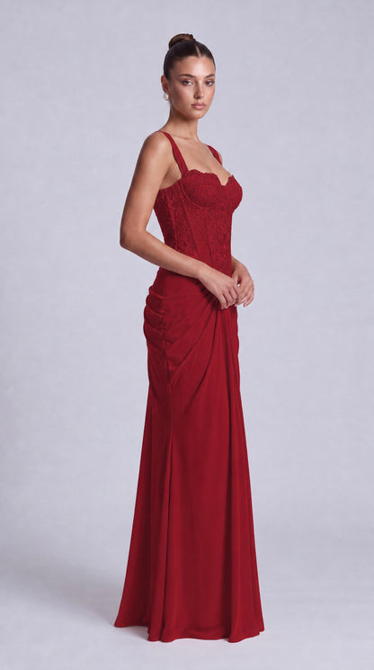 Floral Lace Corset Lace-Up Back Ruched Mermaid Maxi Dress – Prom & Wedding Guest Gown - Wine Red - View 5