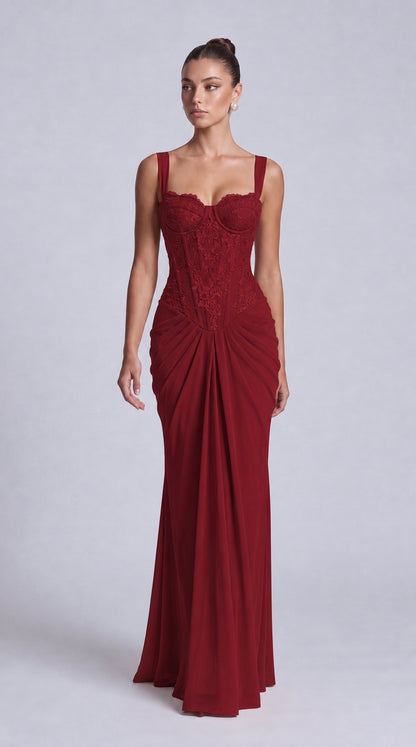 Floral Lace Corset Lace-Up Back Ruched Mermaid Maxi Dress – Prom & Wedding Guest Gown - Wine Red - View 6