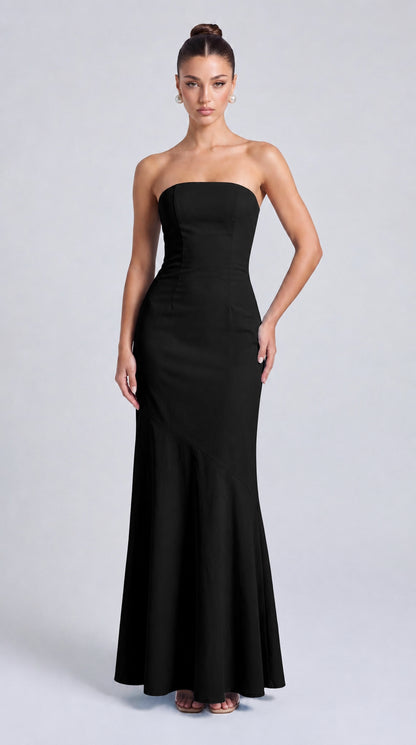 Strapless Scarf-Tie Lace-Up Side Mermaid Maxi Dress – Prom & Evening Gown - Black - View 1