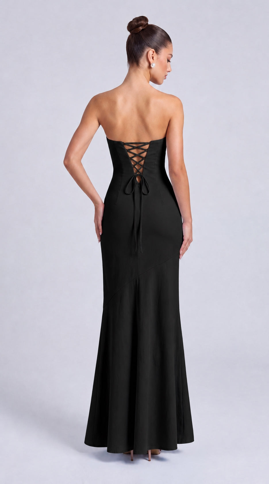 Strapless Scarf-Tie Lace-Up Side Mermaid Maxi Dress – Prom & Evening Gown - Black - View 2