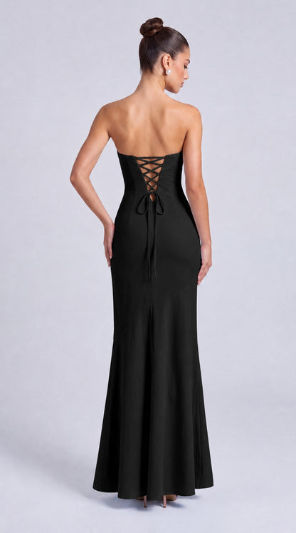 Strapless Scarf-Tie Lace-Up Side Mermaid Maxi Dress – Prom & Evening Gown - Black - View 2