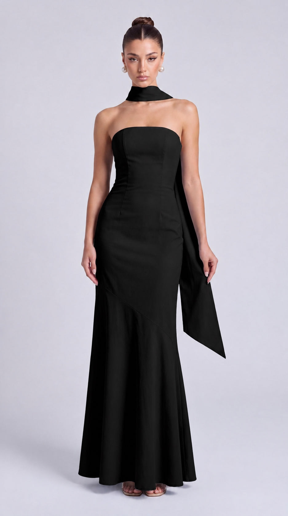 Strapless Scarf-Tie Lace-Up Side Mermaid Maxi Dress – Prom & Evening Gown - Black - View 4