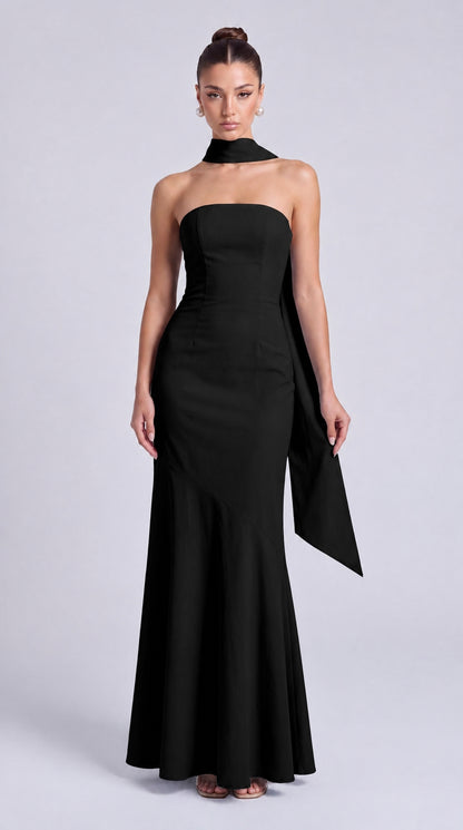 Strapless Scarf-Tie Lace-Up Side Mermaid Maxi Dress – Prom & Evening Gown - Black - View 4