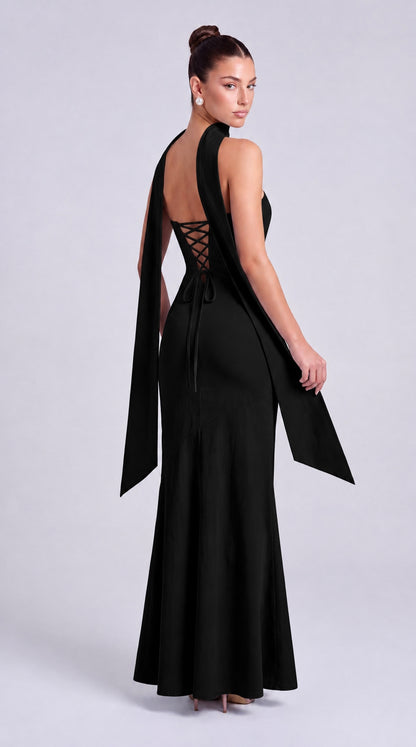 Strapless Scarf-Tie Lace-Up Side Mermaid Maxi Dress – Prom & Evening Gown - Black - View 5