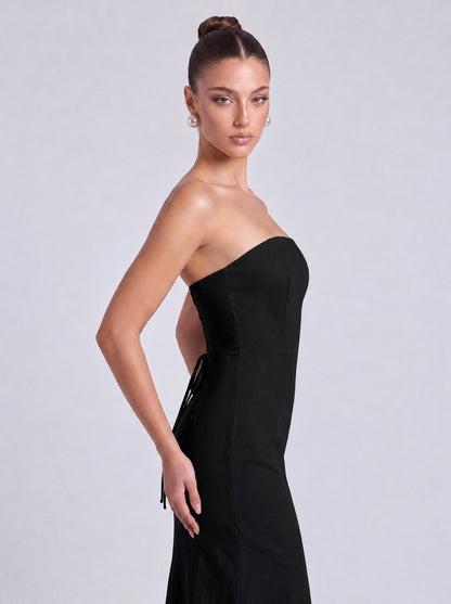 Strapless Scarf-Tie Lace-Up Side Mermaid Maxi Dress – Prom & Evening Gown - Black - View 6