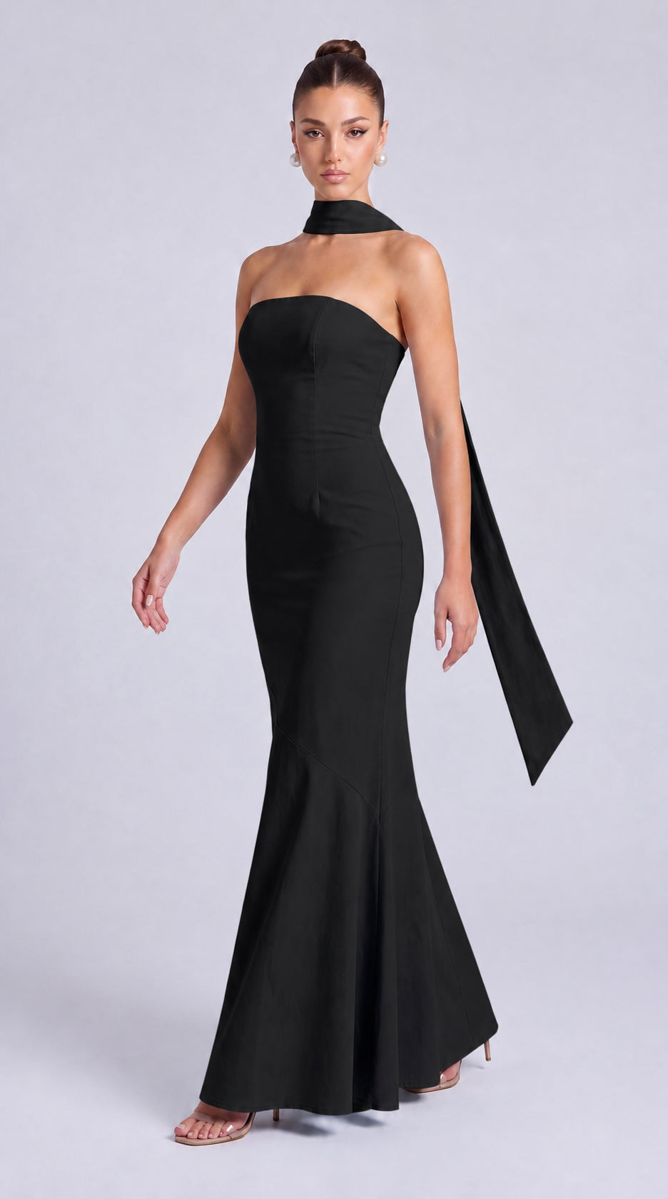 Strapless Scarf-Tie Lace-Up Side Mermaid Maxi Dress – Prom & Evening Gown - Black - View 8