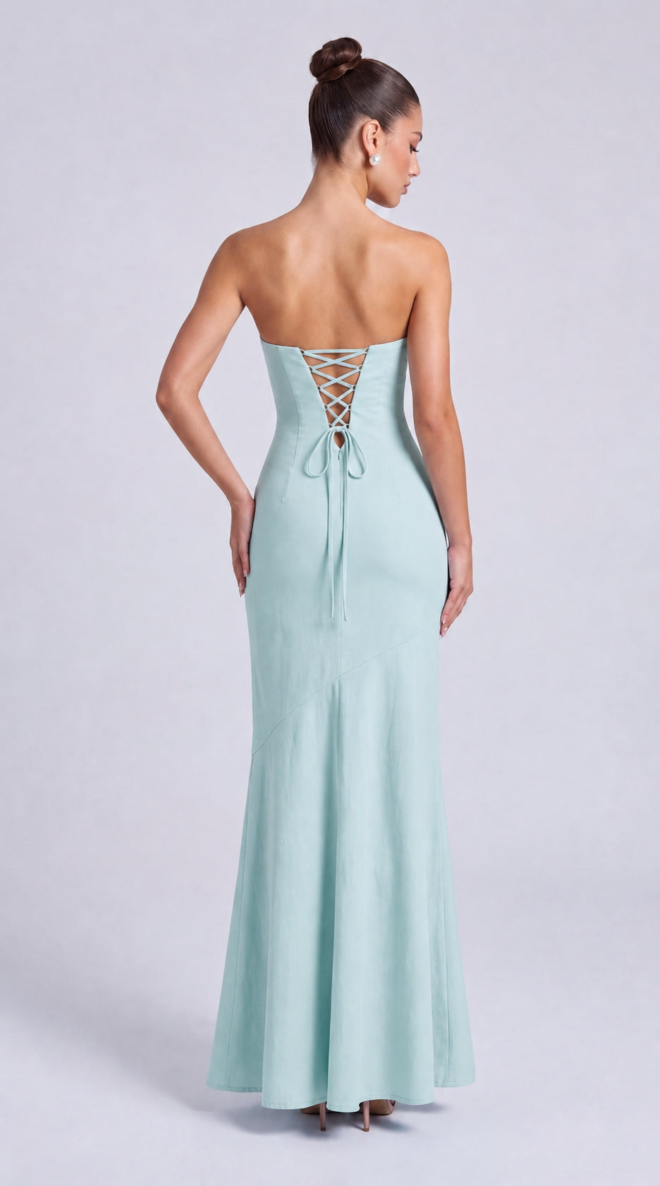 Strapless Scarf-Tie Lace-Up Side Mermaid Maxi Dress – Prom & Evening Gown - Light Blue - View 2