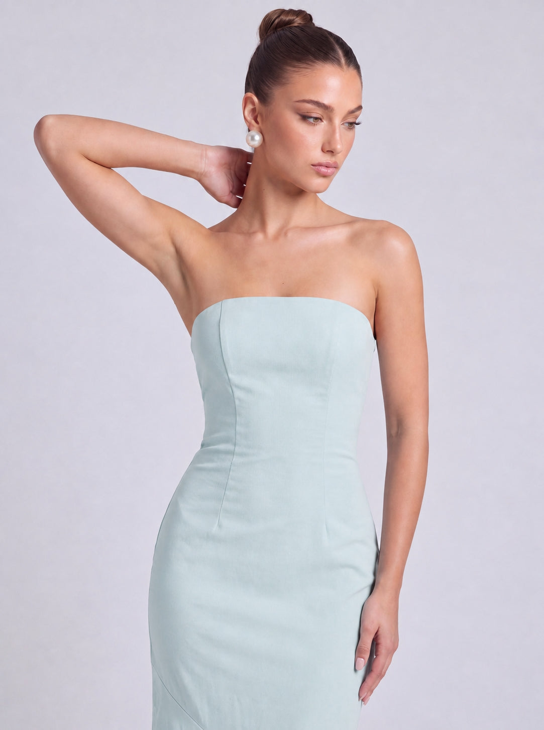 Strapless Scarf-Tie Lace-Up Side Mermaid Maxi Dress – Prom & Evening Gown - Light Blue - View 3