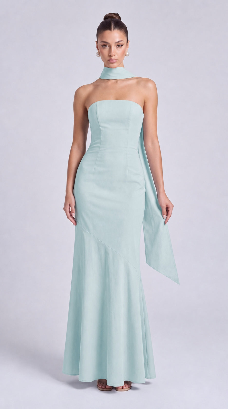 Strapless Scarf-Tie Lace-Up Side Mermaid Maxi Dress – Prom & Evening Gown - Light Blue - View 4