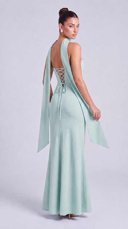 Strapless Scarf-Tie Lace-Up Side Mermaid Maxi Dress – Prom & Evening Gown - Light Blue - View 5