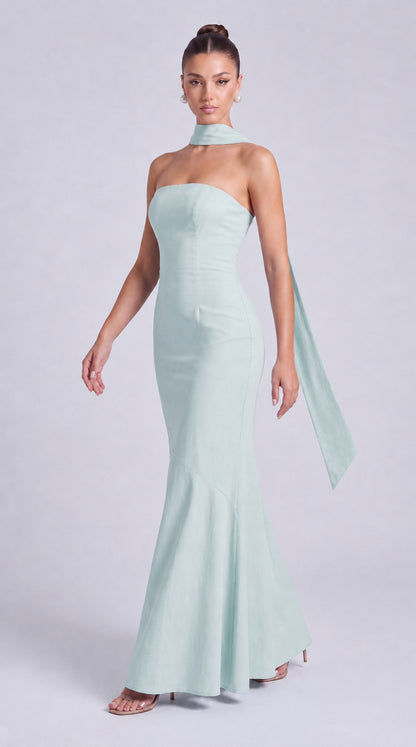 Strapless Scarf-Tie Lace-Up Side Mermaid Maxi Dress – Prom & Evening Gown - Light Blue - View 8