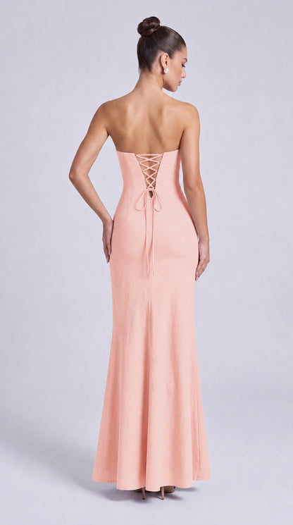 Strapless Scarf-Tie Lace-Up Side Mermaid Maxi Dress – Prom & Evening Gown - Light Pink - View 2