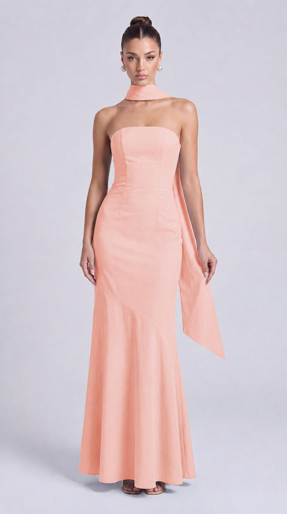 Strapless Scarf-Tie Lace-Up Side Mermaid Maxi Dress – Prom & Evening Gown - Light Pink - View 4