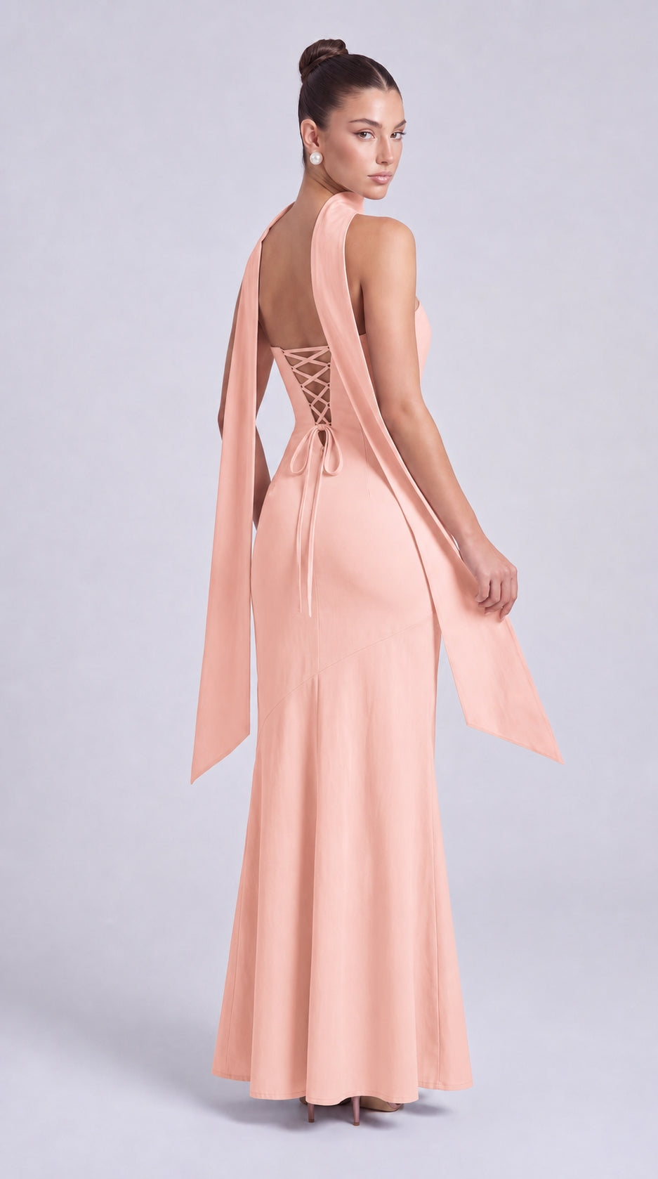 Strapless Scarf-Tie Lace-Up Side Mermaid Maxi Dress – Prom & Evening Gown - Light Pink - View 5