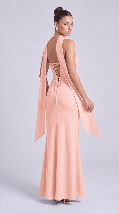 Strapless Scarf-Tie Lace-Up Side Mermaid Maxi Dress – Prom & Evening Gown - Light Pink - View 5