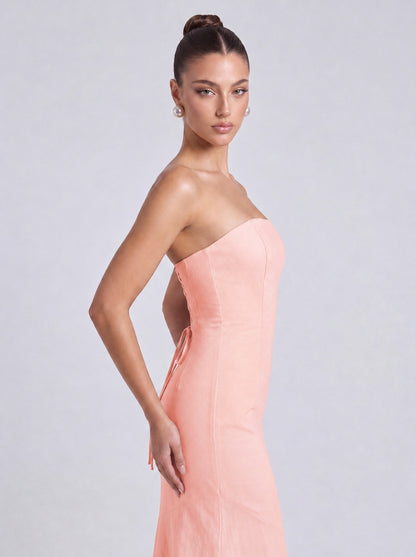 Strapless Scarf-Tie Lace-Up Side Mermaid Maxi Dress – Prom & Evening Gown - Light Pink - View 6