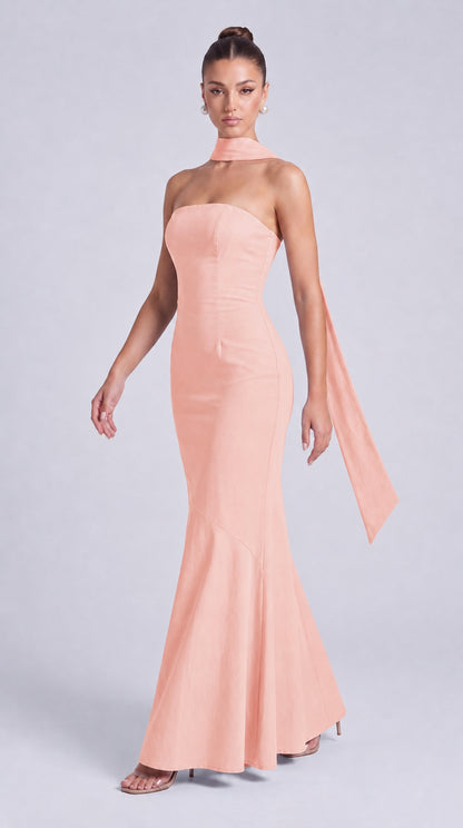 Strapless Scarf-Tie Lace-Up Side Mermaid Maxi Dress – Prom & Evening Gown - Light Pink - View 8