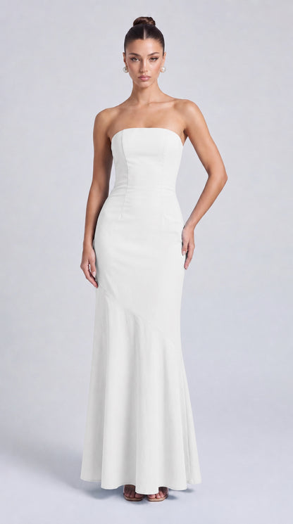 Strapless Scarf-Tie Lace-Up Side Mermaid Maxi Dress – Prom & Evening Gown - White - View 1