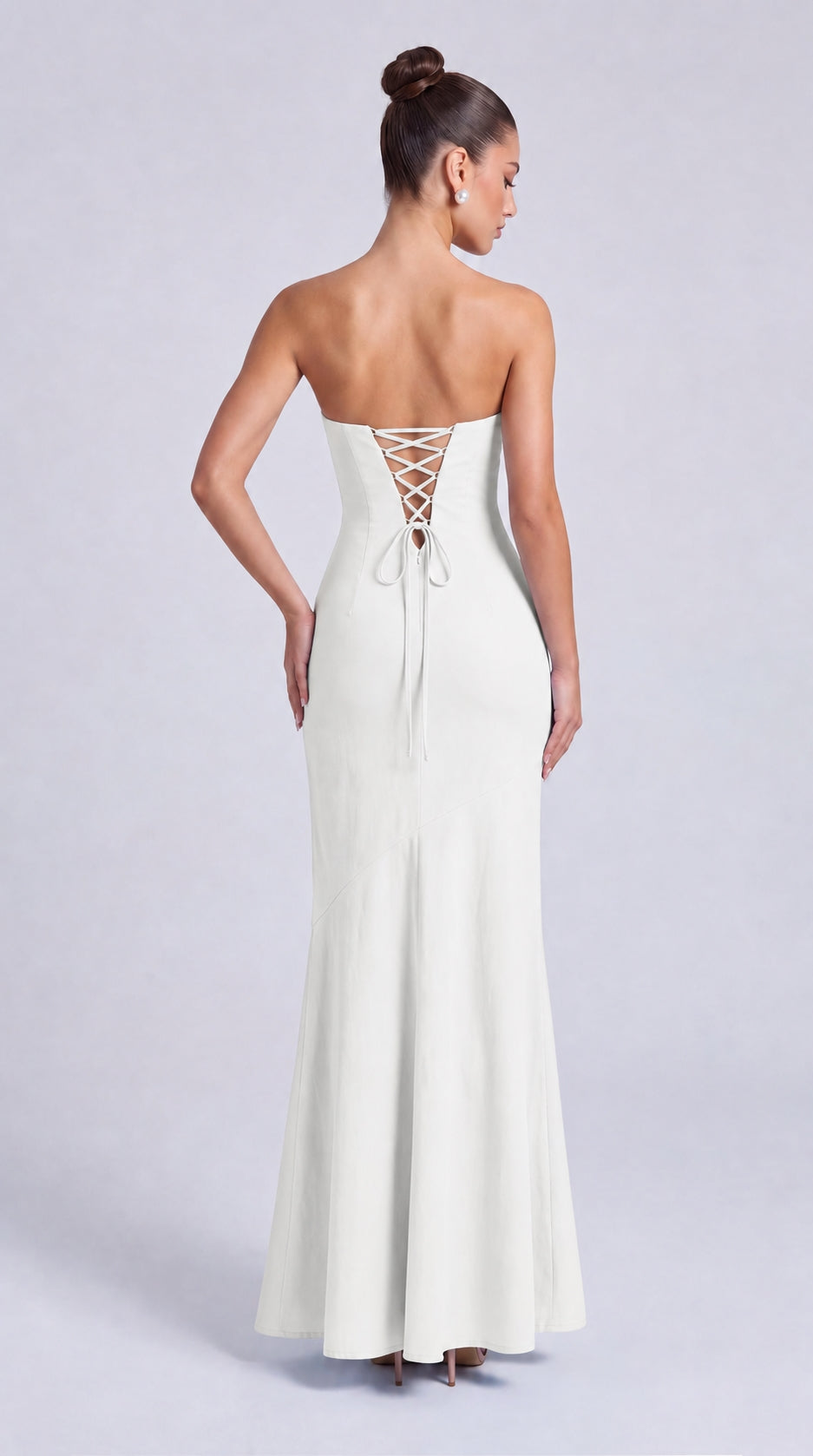 Strapless Scarf-Tie Lace-Up Side Mermaid Maxi Dress – Prom & Evening Gown - White - View 2