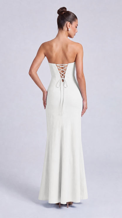 Strapless Scarf-Tie Lace-Up Side Mermaid Maxi Dress – Prom & Evening Gown - White - View 2