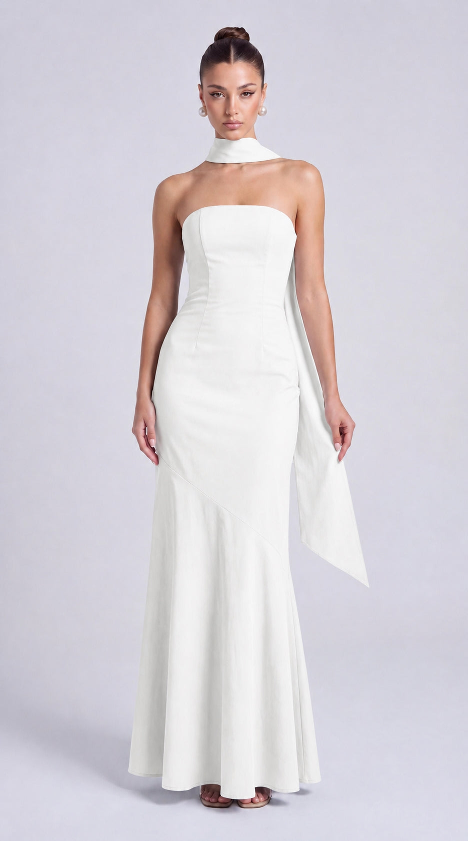 Strapless Scarf-Tie Lace-Up Side Mermaid Maxi Dress – Prom & Evening Gown - White - View 4