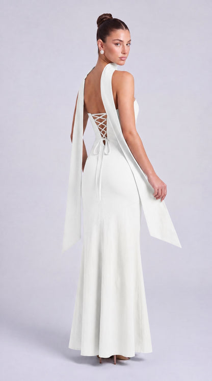 Strapless Scarf-Tie Lace-Up Side Mermaid Maxi Dress – Prom & Evening Gown - White - View 5