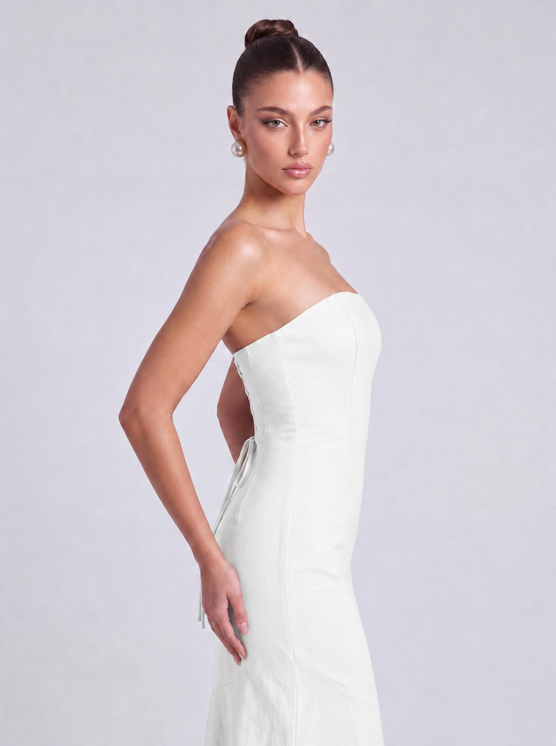 Strapless Scarf-Tie Lace-Up Side Mermaid Maxi Dress – Prom & Evening Gown - White - View 6