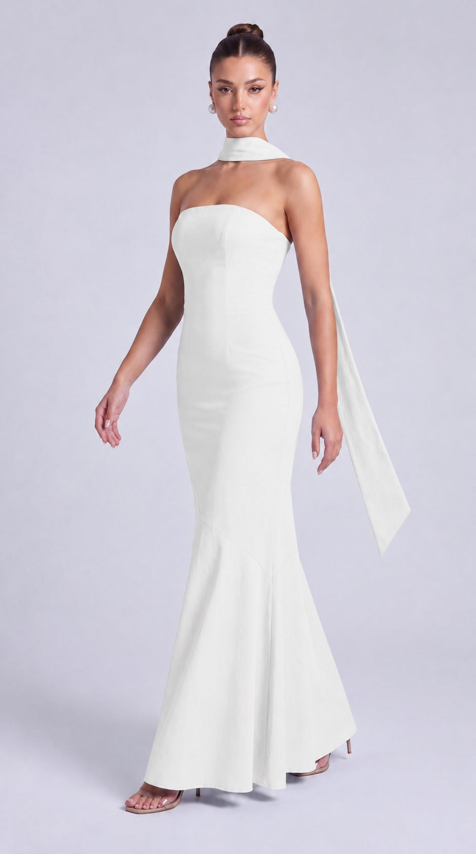 Strapless Scarf-Tie Lace-Up Side Mermaid Maxi Dress – Prom & Evening Gown - White - View 8