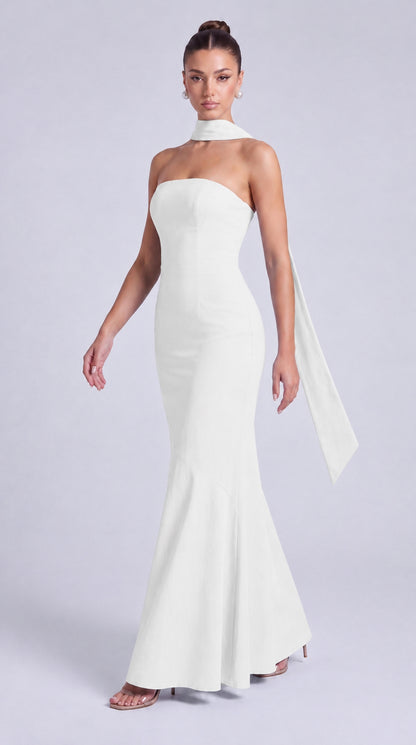 Strapless Scarf-Tie Lace-Up Side Mermaid Maxi Dress – Prom & Evening Gown - White - View 8