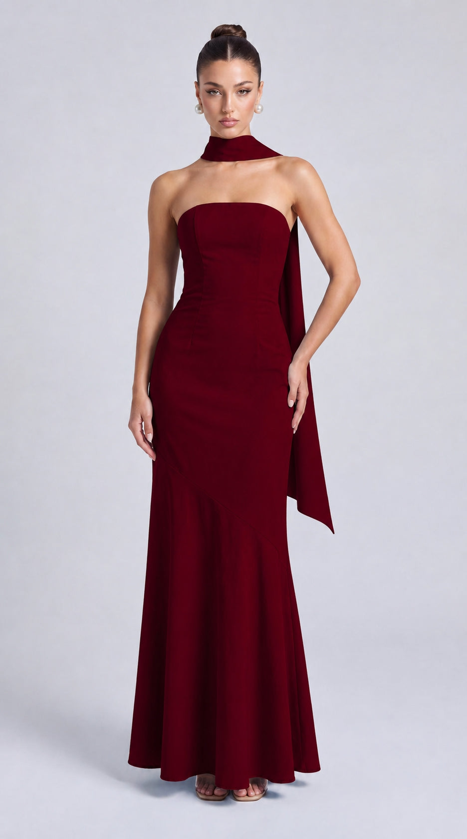 Strapless Scarf-Tie Lace-Up Side Mermaid Maxi Dress – Prom & Evening Gown - Wine Red - View 1